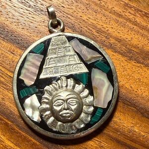 Sterling Silver Mayan Aztec Calendar Inlay Pendant Sun Moon Vintage 925